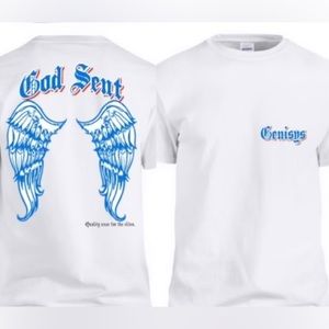 White T-Shirt with Blue Graphic Design